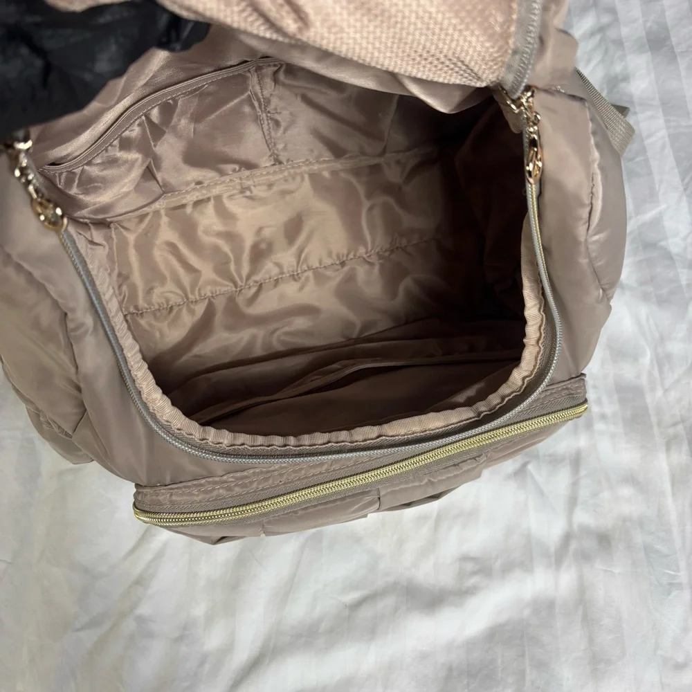 Mommore tan basket weave nylon diaper bag backpack gold hardware